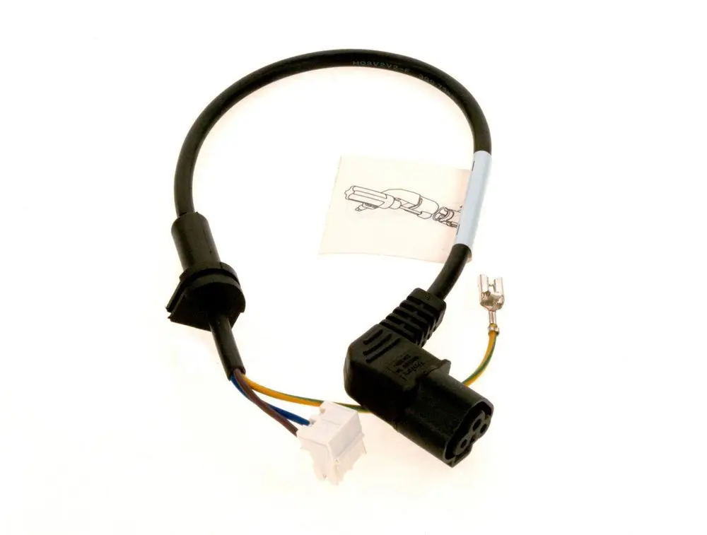 BOSCH Pumpenkabel mit zwei Steckverbindern und mehreren Drähten. Das Kabel hat eine isolierte Umwicklung und bietet elektrische Anschlüsse.
